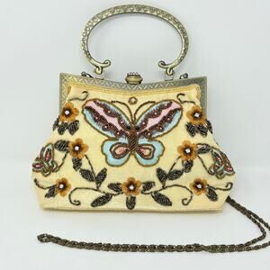 Vtg Butterfly Beaded Bag Top Handle Purse Bag Cottage Granny Embellished READ